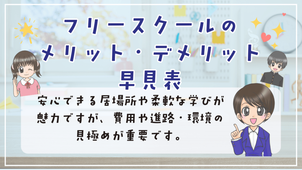 フリースクール　メリット・デメリット　早見表